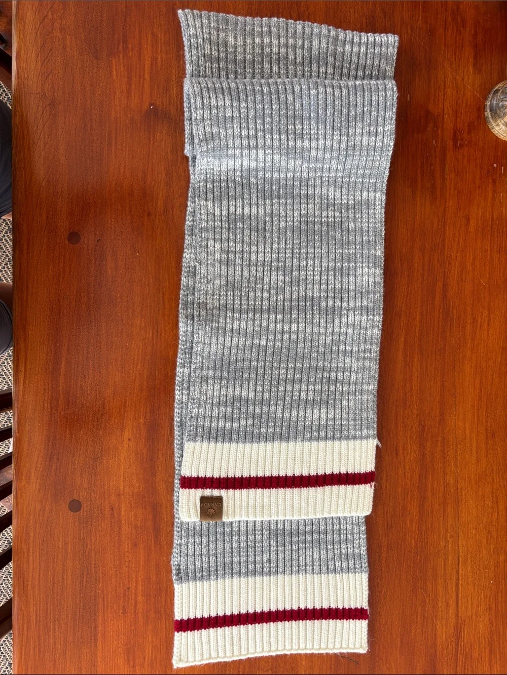 Canada Wool Ribbed Scarf in Gray, Cream & Red Stripe